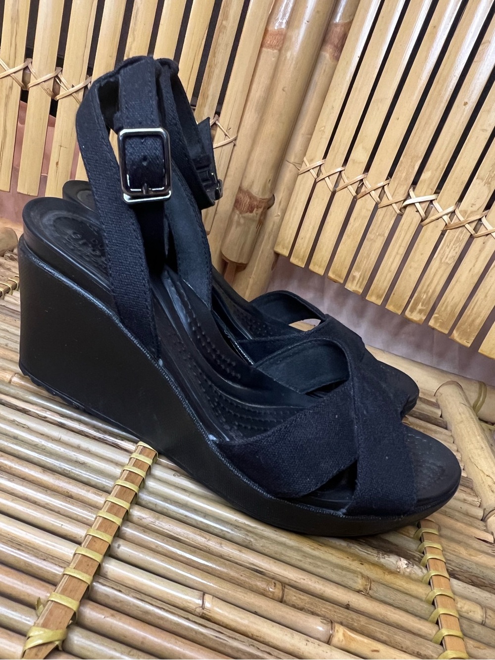 CROCS Black Fabric Wedge Sandals with Ankle Buckle